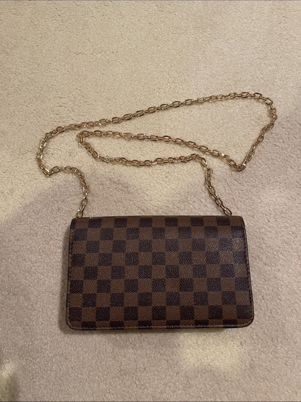 Brown Checkered Crossbody Clutch with Gold Chain Strap